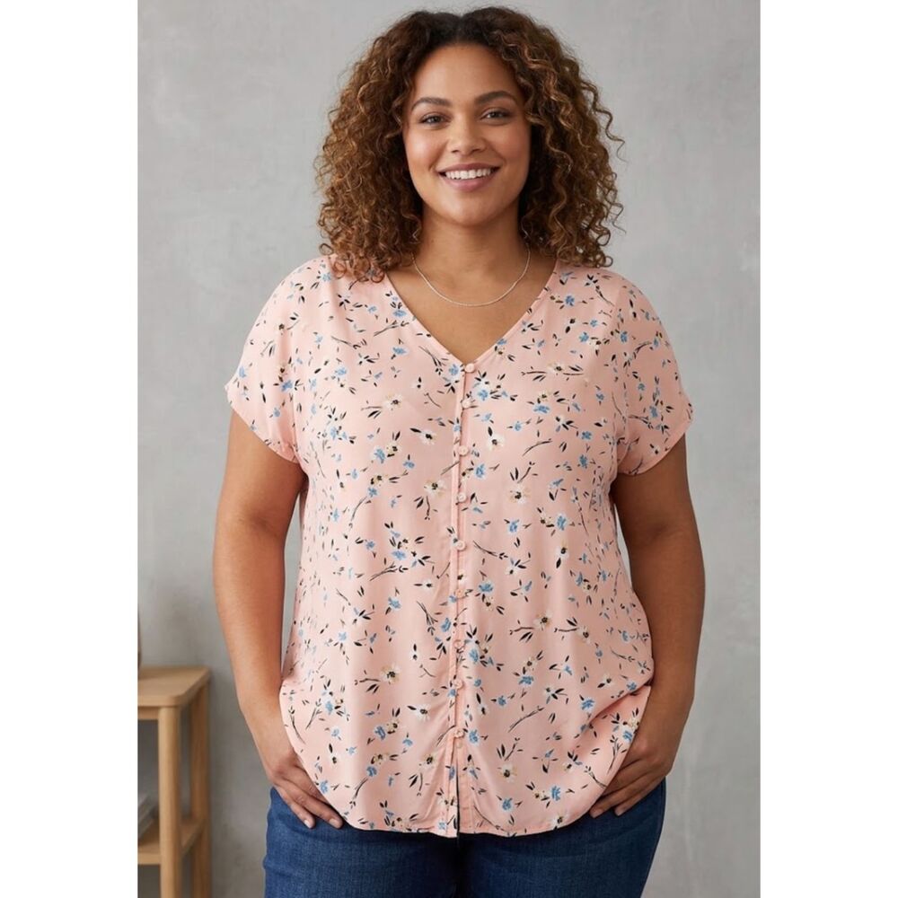 Torrid Floral Challis Button Fit Flare Blouse Peach Women's Plus Size 1X